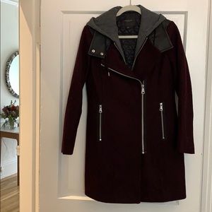 Warm burgundy coat with removable hood
